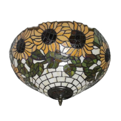 Sunflower Pattern Ceiling Light Fixture Tiffany Stained Glass 2 Lights Flushmount Light for Dining Room