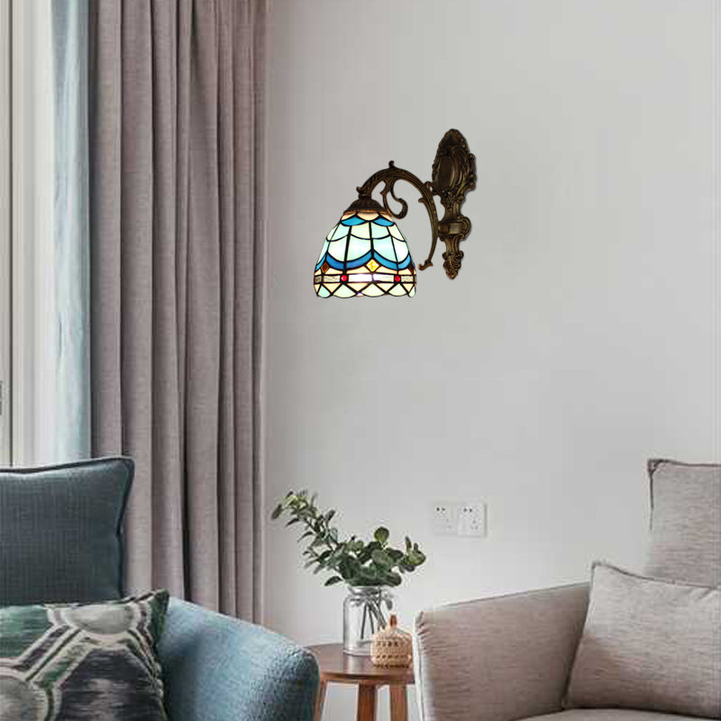 Mini Wall Mount Light Baroque Style Stained Glass 1 Light Wall Sconce with Curved Arm for Living Room