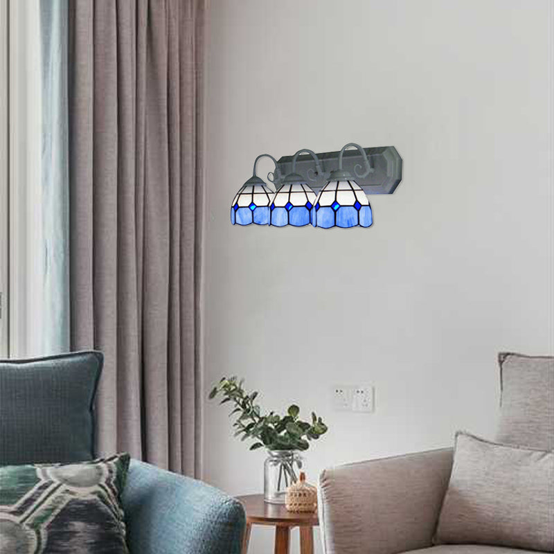 Grid Patterned Wall Light Fixture 3 Heads Blue-White Glass Tiffany Sconce Light for Living Room