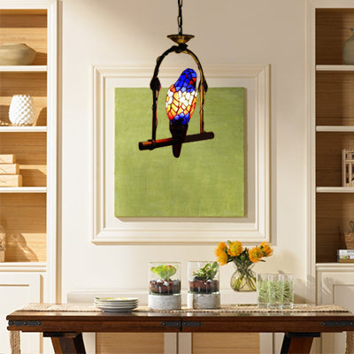 Blue 1 Light Suspended Light Tiffany Style Stained Glass Parrot Ceiling Pendant with Perch Swing