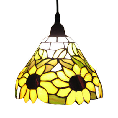 Trumpet Hanging Lamp Tiffany-Style Yellow Stained Art Glass 1 Head Ceiling Pendant Light
