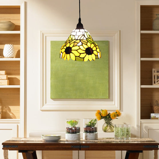 Trumpet Hanging Lamp Tiffany-Style Yellow Stained Art Glass 1 Head Ceiling Pendant Light