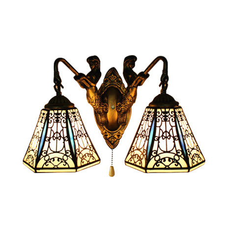 Flared Sconce Light Baroque Black-White Glass 2 Heads Antique Brass Wall Mount Light with Pull Chain