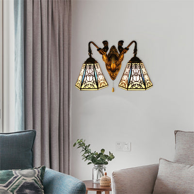 Flared Sconce Light Baroque Black-White Glass 2 Heads Antique Brass Wall Mount Light with Pull Chain