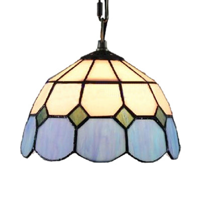 Bowl Pendant Light Single Bulb Stained Glass Tiffany-Style Hanging Lamp in Blue and White