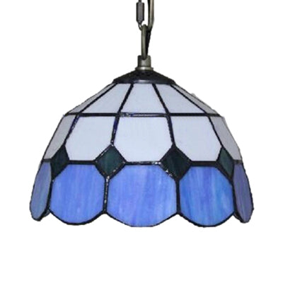Bowl Pendant Light Single Bulb Stained Glass Tiffany-Style Hanging Lamp in Blue and White