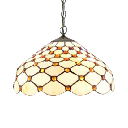 White Single Bulb Pendant Light Tiffany Multicolored Stained Glass Dome Hanging Lamp for Living Room