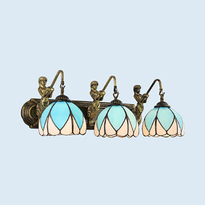 Mediterranean Dome Wall Light Fixture 3 Heads Blue Glass Sconce Lighting with Mermaid Backplate