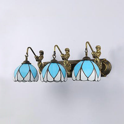Mediterranean Dome Wall Light Fixture 3 Heads Blue Glass Sconce Lighting with Mermaid Backplate