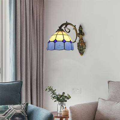 Dome Shade Wall Mount Fixture Tiffany Stained Glass 1 Light Wall Fixture Light for Stairway