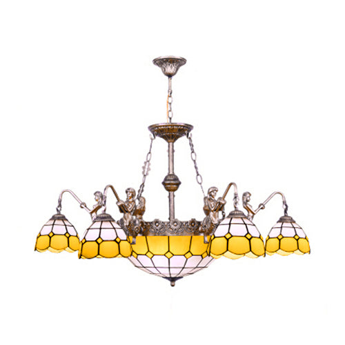 9 Lights Pendant Lighting Tiffany Domed Stained Glass Chandelier Lamp in Yellow for Dining Room