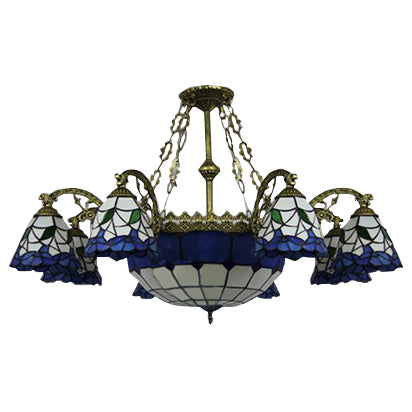 9 luci lampada lampadario in vetro vintage artigianato a sospensione ridotta con tonalità di ciotola centrale in blu