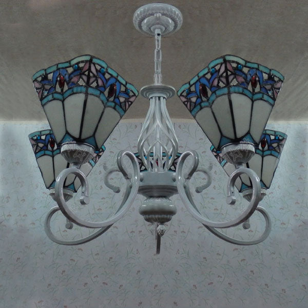 Luci piramidali di lampadario in vetro colorato tiffany 5 luci appiccicogeni in blu e bianco