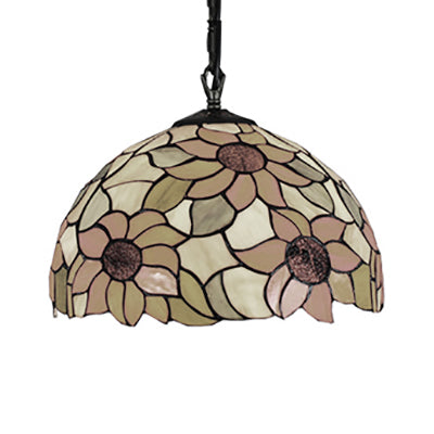 12"/16" Wide Domed Hanging Lamp Tiffany-Style 1 Bulb Black Hand Cut Glass Pendant Ceiling Light with Sunflower Pattern, A/B/C/D