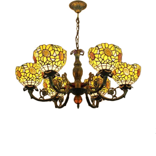6 Lights Sunflower Hanging Light Tiffany Style Stained Glass Chandelier Lighting for Bedroom