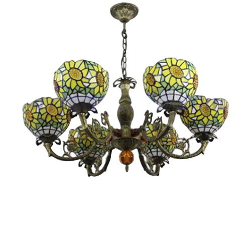 6 Lights Sunflower Hanging Light Tiffany Style Stained Glass Chandelier Lighting for Bedroom