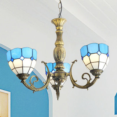 Blue Bowl Shade Chandelier Lights Tiffany Stained Glass 3-Light Chandelier Light Fixture in Blue