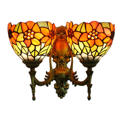 Rustic Bowl-Shaped Wall Lighting Stained Glass 2 Lights Wall Sconce Lighting with Sunflower Pattern in Orange