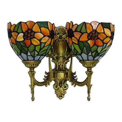 Rustic Bowl-Shaped Wall Lighting Stained Glass 2 Lights Wall Sconce Lighting with Sunflower Pattern in Orange