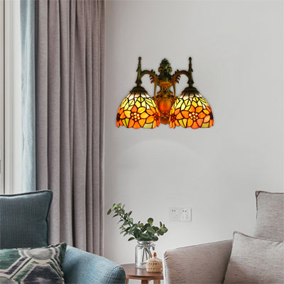 Rustic Bowl-Shaped Wall Lighting Stained Glass 2 Lights Wall Sconce Lighting with Sunflower Pattern in Orange