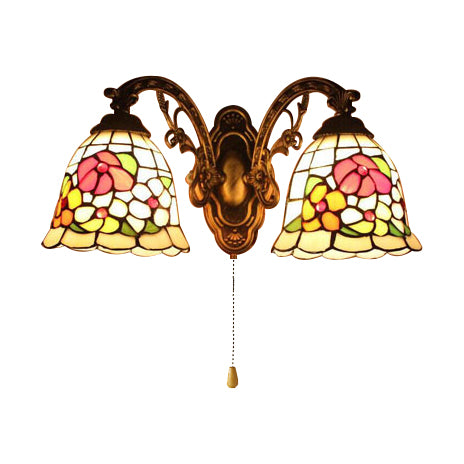 Beige Bell Wall Fixture Light Tiffany Stained Glass 2 Lights Flower Wall Sconce Lamp Fixture with Pull Switch