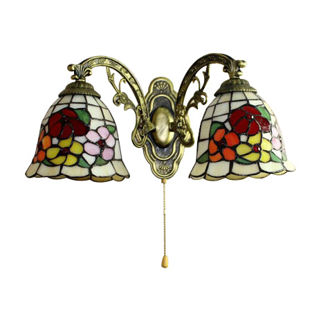 Beige Bell Wall Fixture Light Tiffany Stained Glass 2 Lights Flower Wall Sconce Lamp Fixture with Pull Switch