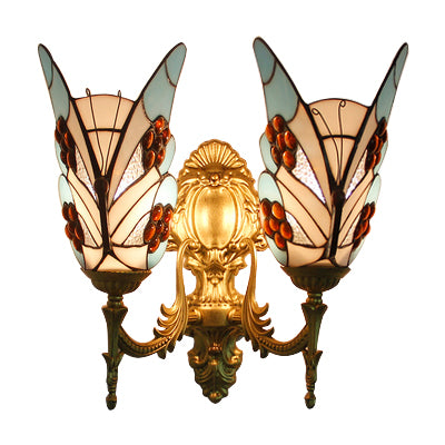 Tiffany Style Butterfly Wall Fixture Light Stained Glass 2 Heads Wall Sconce Lighting in Blue for Bedroom