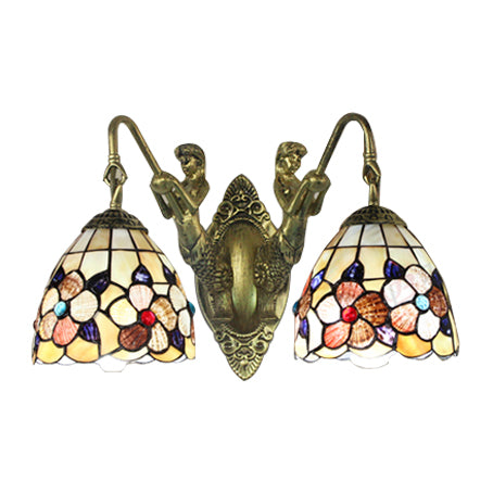 Beige Petal Wall Mount Light Victorian 2 Heads Multicolor Shell Sconce Light with Mermaid Backplate