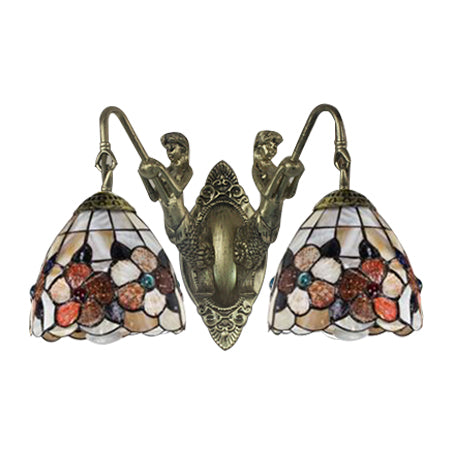 Beige Petal Wall Mount Light Victorian 2 Heads Multicolor Shell Sconce Light with Mermaid Backplate