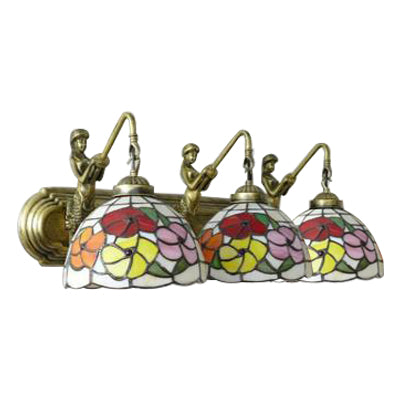 Stained Glass Bowl Sconce Light Fixture Victorian 3 Heads Brass Wall Mounted Light for Living Room