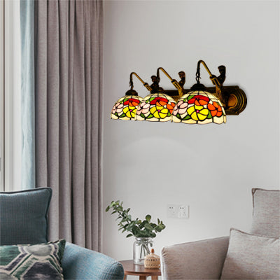 Stained Glass Bowl Sconce Light Fixture Victorian 3 Heads Brass Wall Mounted Light for Living Room