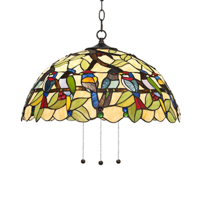 Green Tropical Bird Pendant Ceiling Light Tiffany 1 Head Multicolored Stained Glass Hanging Lamp for Dining Room