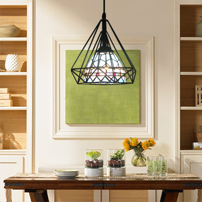 Hotel Domed Pendant Light Stained Glass 1 Light Tiffany Blue Hanging Light with Diamond Cage