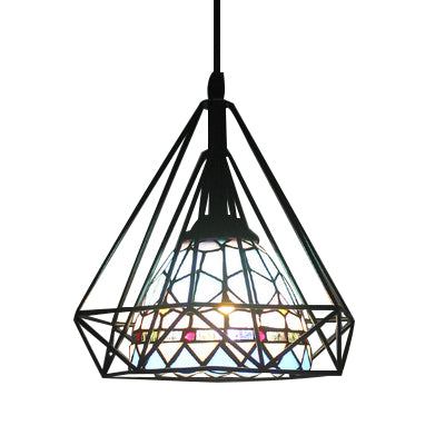 Hotel Domed Pendant Light Stained Glass 1 Light Tiffany Blue Hanging Light with Diamond Cage