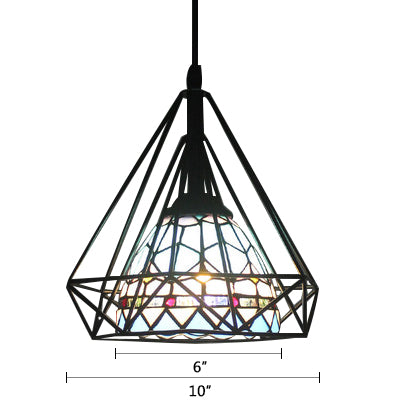Hotel Domed Pendant Light Stained Glass 1 Light Tiffany Blue Hanging Light with Diamond Cage