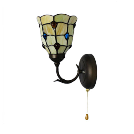 Stained Glass Peacock Wall Light with Colorful Bead Hallway 1 Light Tiffany Sconce Light in Beige