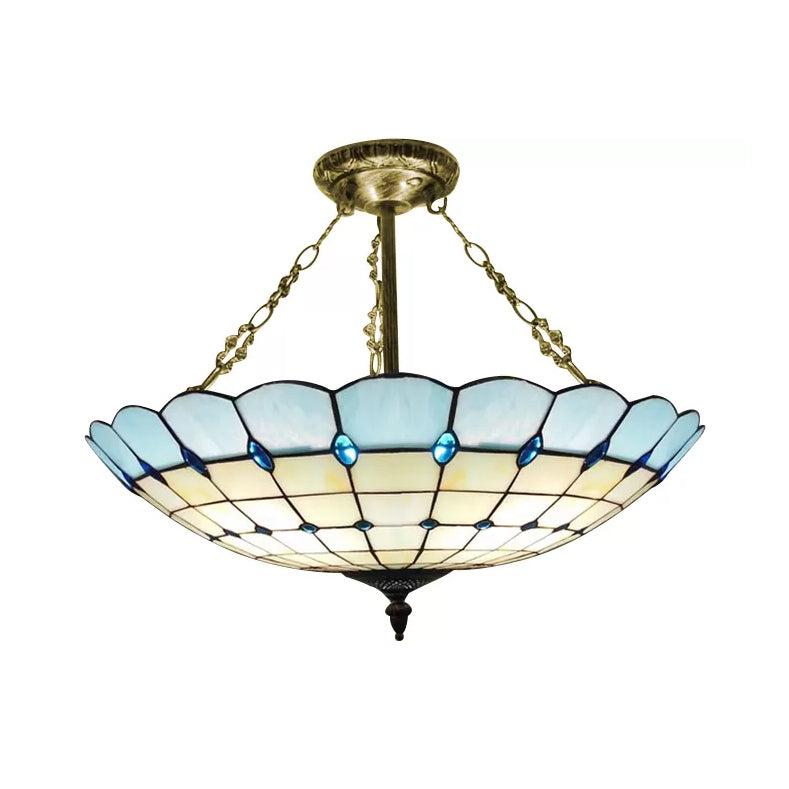 Plafonnier de chambre à coucher en verre, éclairage semi-encastré en forme de dôme à 4 lumières de style Tiffany en cuivre antique, 8" de haut x 19,5" de diamètre