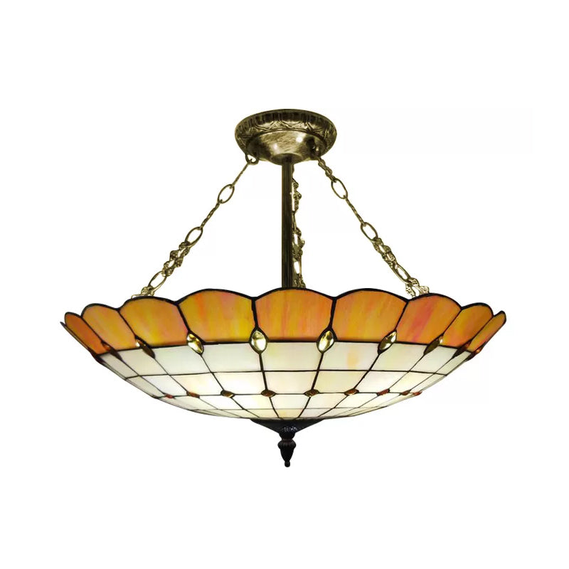 Bedroom Ceiling Light Glass, 4-Light Domed Semi Flush Mount Lighting in Antique Copper Tiffany Style, 8" High x 19.5" in Diameter