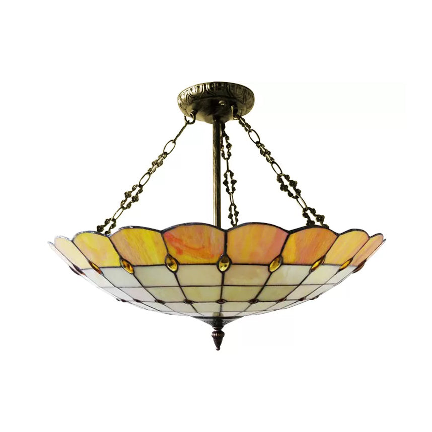 Plafonnier de chambre à coucher en verre, éclairage semi-encastré en forme de dôme à 4 lumières de style Tiffany en cuivre antique, 8" de haut x 19,5" de diamètre