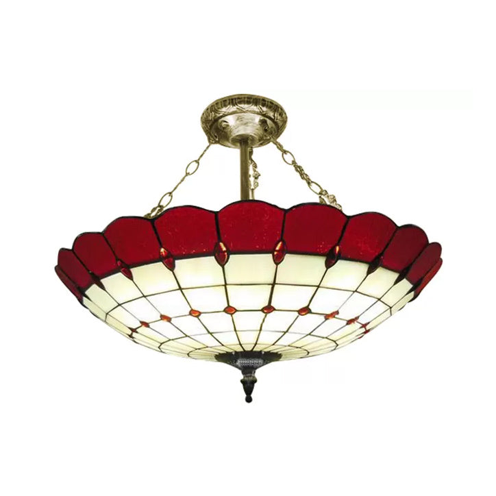 Plafonnier de chambre à coucher en verre, éclairage semi-encastré en forme de dôme à 4 lumières de style Tiffany en cuivre antique, 8" de haut x 19,5" de diamètre