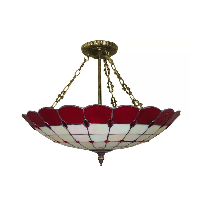Bedroom Ceiling Light Glass, 4-Light Domed Semi Flush Mount Lighting in Antique Copper Tiffany Style, 8" High x 19.5" in Diameter