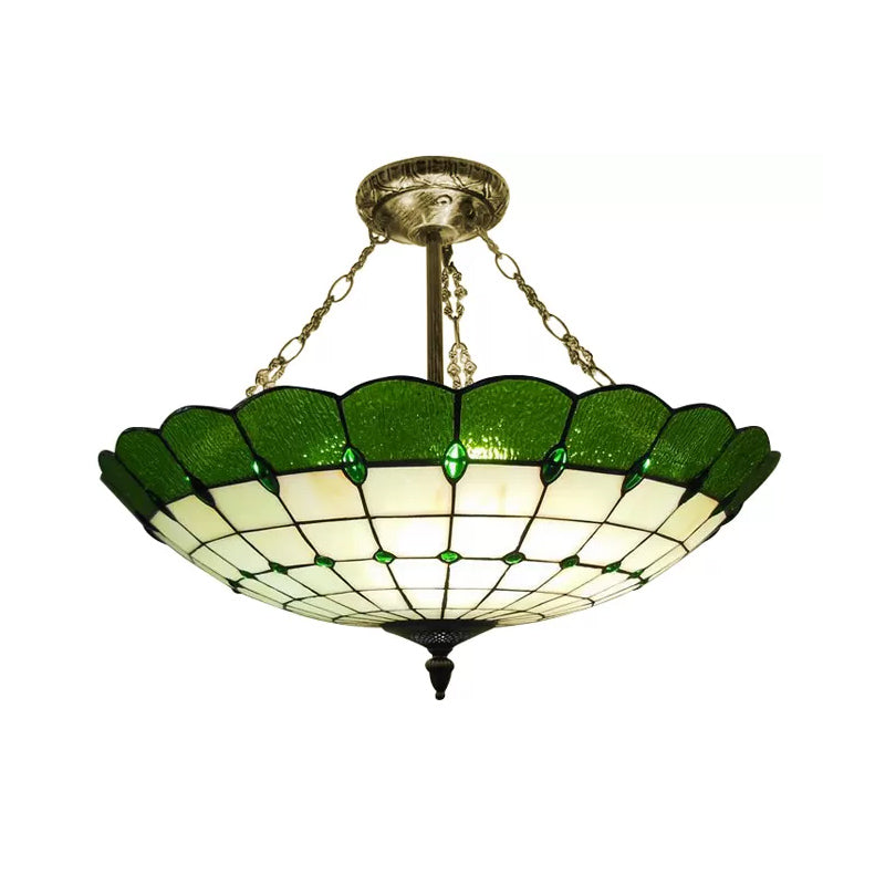 Plafonnier de chambre à coucher en verre, éclairage semi-encastré en forme de dôme à 4 lumières de style Tiffany en cuivre antique, 8" de haut x 19,5" de diamètre