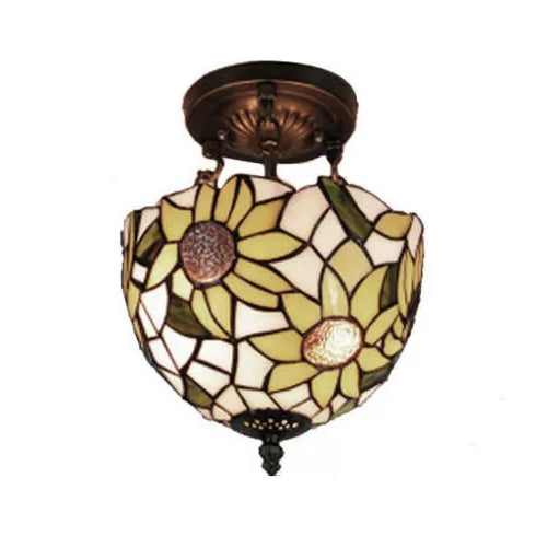 Bedroom Ceiling Light Tiffany, Sunflower Semi Flush Light with Rod and Stained Glass Shade
