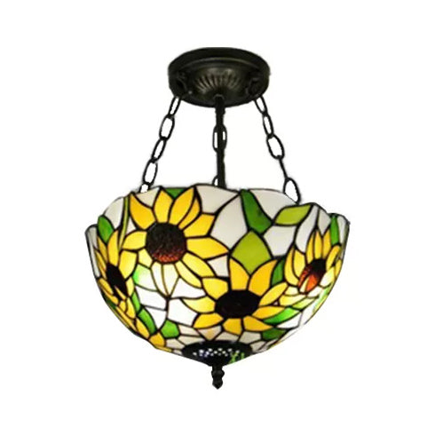 Bedroom Ceiling Light Tiffany, Sunflower Semi Flush Light with Rod and Stained Glass Shade