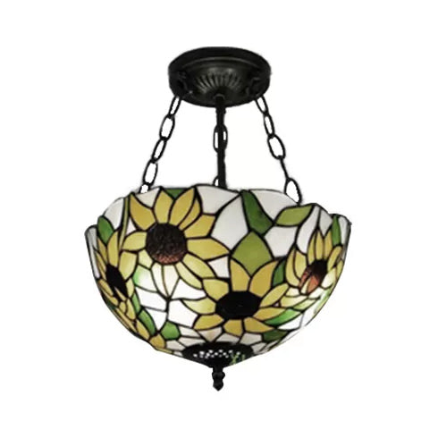 Bedroom Ceiling Light Tiffany, Sunflower Semi Flush Light with Rod and Stained Glass Shade