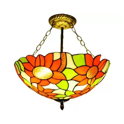 Bedroom Ceiling Light Tiffany, Sunflower Semi Flush Light with Rod and Stained Glass Shade