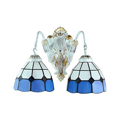 White 2 Heads Sconce Lighting Tiffany White-Blue Glass Grid Patterned Wall Mount Light