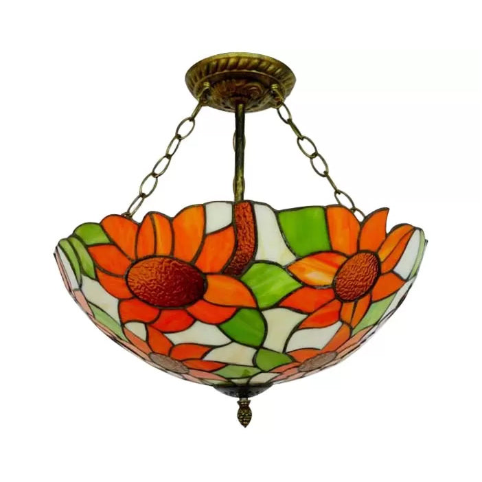 Bedroom Ceiling Light Tiffany, Sunflower Semi Flush Light with Rod and Stained Glass Shade