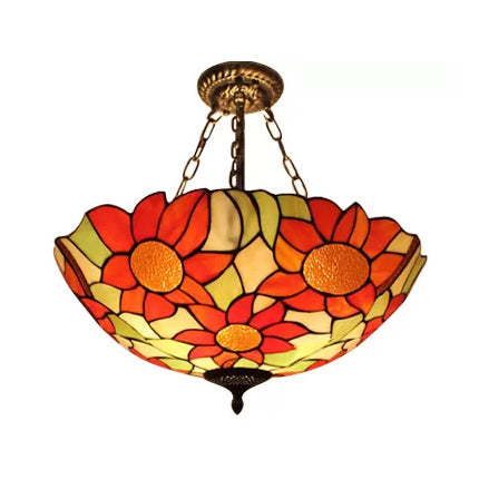 Bedroom Ceiling Light Tiffany, Sunflower Semi Flush Light with Rod and Stained Glass Shade