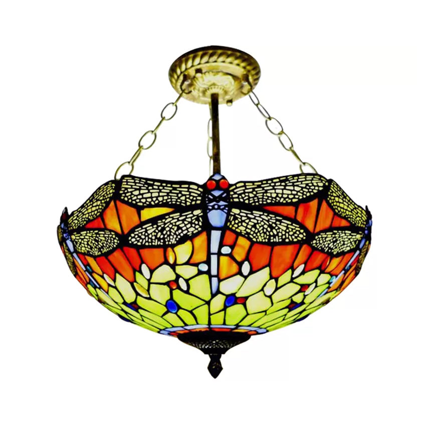 LED de iluminación de techo de estilo barroco, luz de semi-descarga de dragonfly en latón envejecido con sombra de vidrio manchado para dormitorio